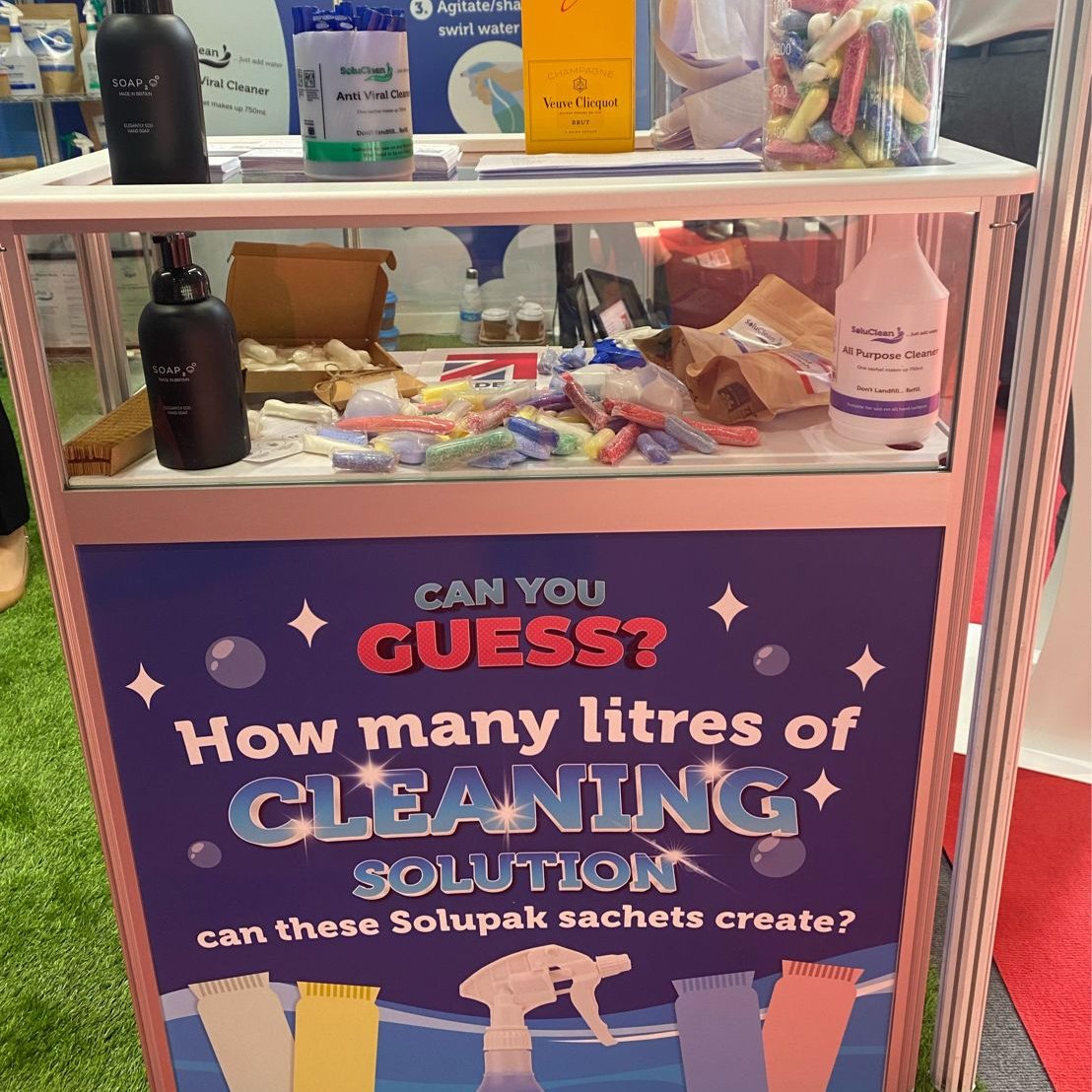 Solupak1's tweet photo. Come and guess how many litres of cleaning solution these Solupak sachets create! We are at stand K02 at The Cleaning Show all week!

Champagne for the winner 🥂

#solupak #thecleaningshow #cleaningproducts #win #prizes https://t.co/ddo7dxdN3Y