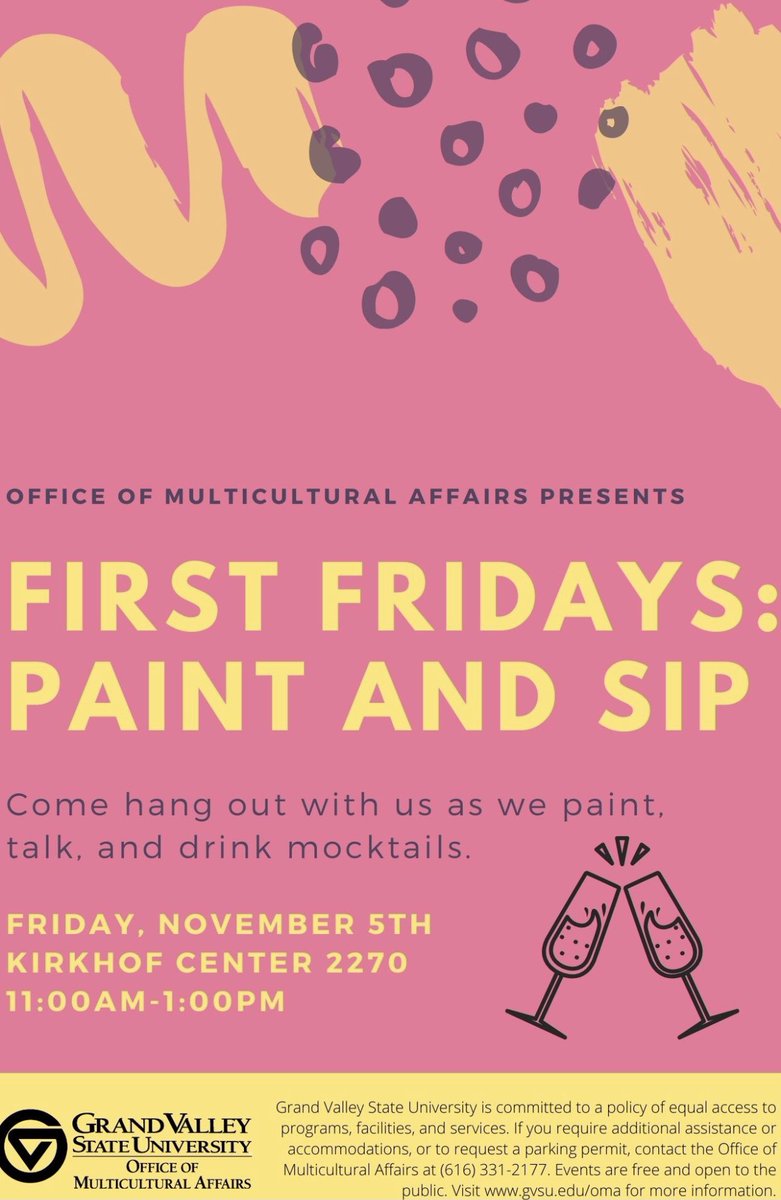 Hey Lakers! 

Join us this Friday, November 5th, for BEO’s third First Friday event of the semester. It will be a Sip and Paint event with mocktails and food so we would love to see you there! It’s from 11:00 a.m. - 1:00 p.m. in 2270 KC. 

• #GVSU • #GVOMA