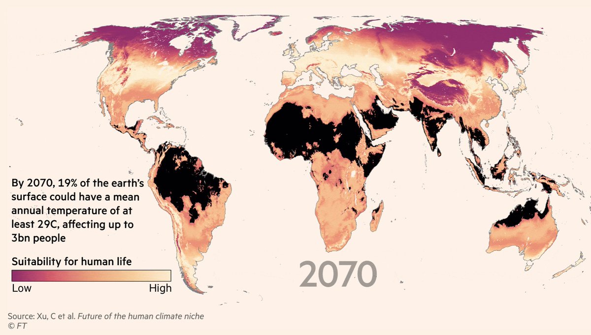 Climate change - what's at stake? A huge amount of human suffering and death for those in the black-colored areas below. Of course climate extremes elsewhere around the planet will cause the same thing. Massive human migrations are also likely. ft.com/content/072b5c…