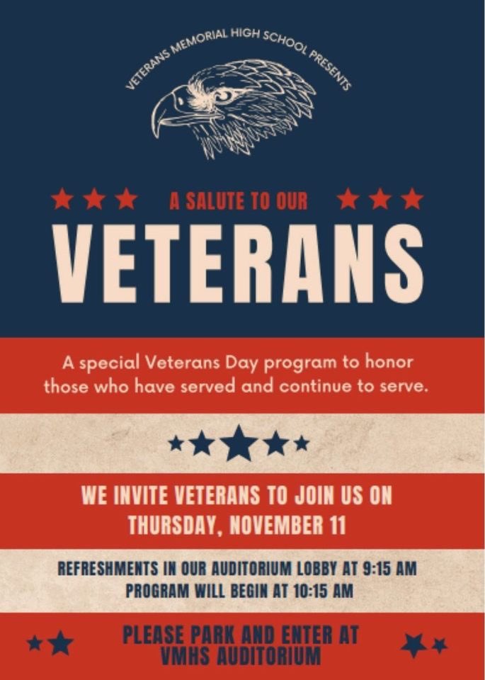 Calling All Veterans! Please join us for our annual Veterans Day Program. Thank you for your service! #VeteransDay #WeAreVeterans <a href="/CCISD/">CCISD</a>