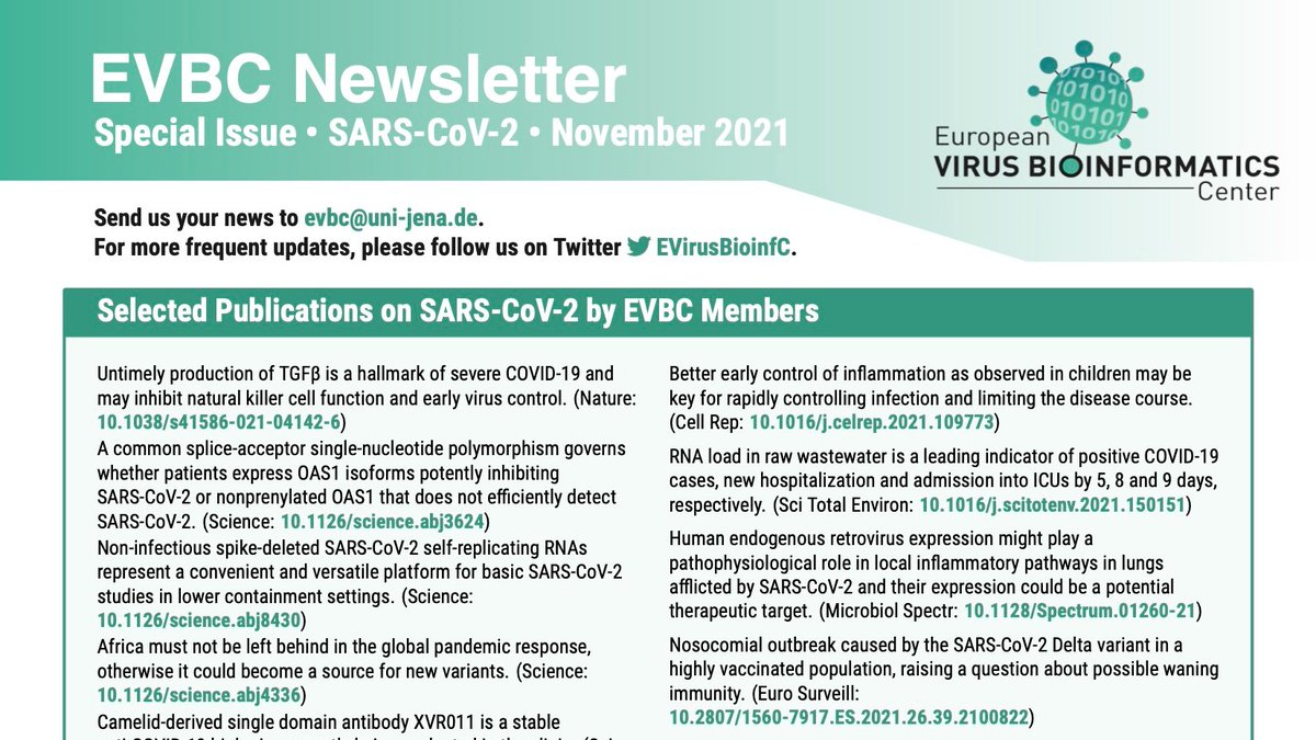 EVirusBioinfC's tweet photo. EVBC Newsletter on #SARSCoV2 / November 2021:
https://t.co/hnqXTMH4i2
#killercells #africa #inflammation #wastewater #variantsofconcern #treatment #tracking #children https://t.co/d0VVGdEw99