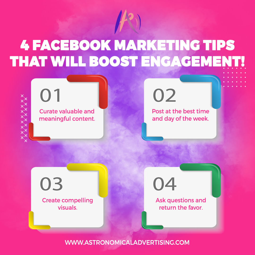 AstronomicalAdv's tweet photo. 4 Facebook Marketing Tips That Will Boost Engagement!
1.Curate valuable and meaningful content.
https://t.co/htVAialgoG at the best time and day of the week.
3.Create compelling visuals.
4.Ask questions and return the favor.
#SocialMediaManagement #SocialNetworks #podcast https://t.co/i7MxSxQu0J