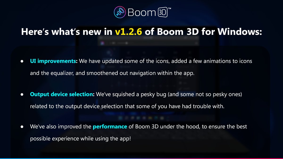 Here are the update notes for v1.2.6 of Boom 3D for Windows! 🎧 

Haven't tried the app yet? Give it a go now - bit.ly/BoomAudio

#Boom3D #Update #Windows11 #Windows10