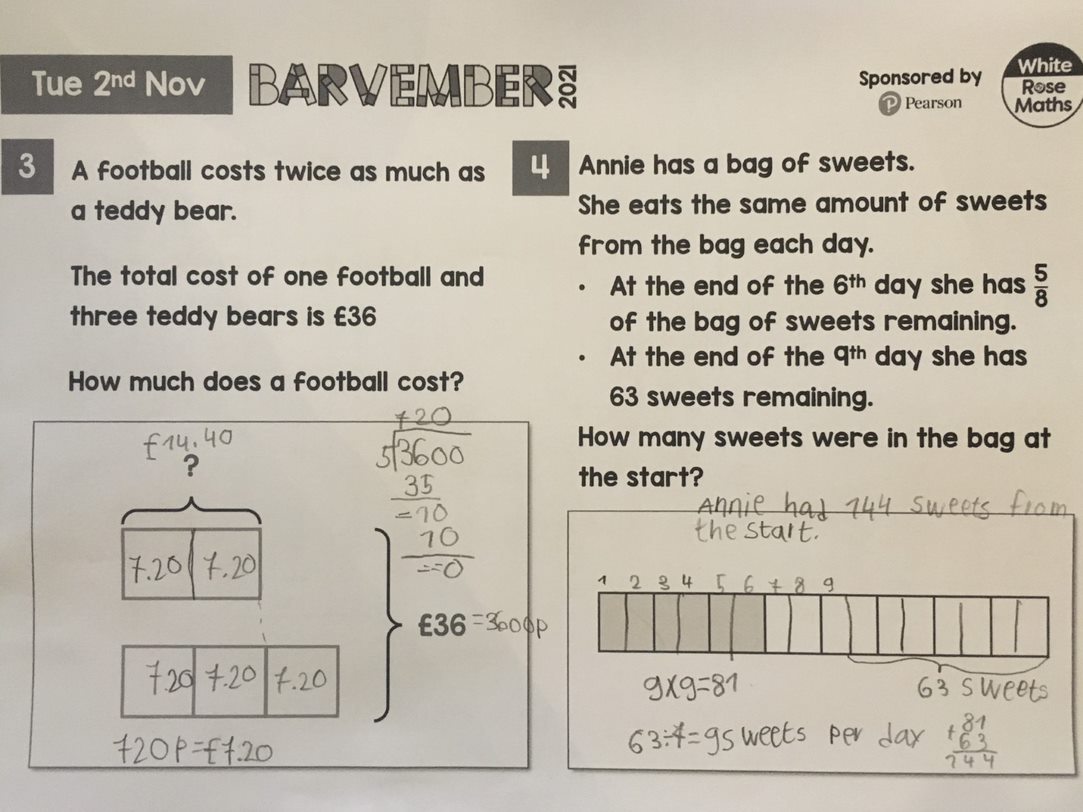 kim_othea's tweet photo. @WhiteRoseMaths @PearsonPrimary A Y5 pupil's work today - he is loving the #Barvember challenge already! @CSBucharest https://t.co/j2aC6jareB