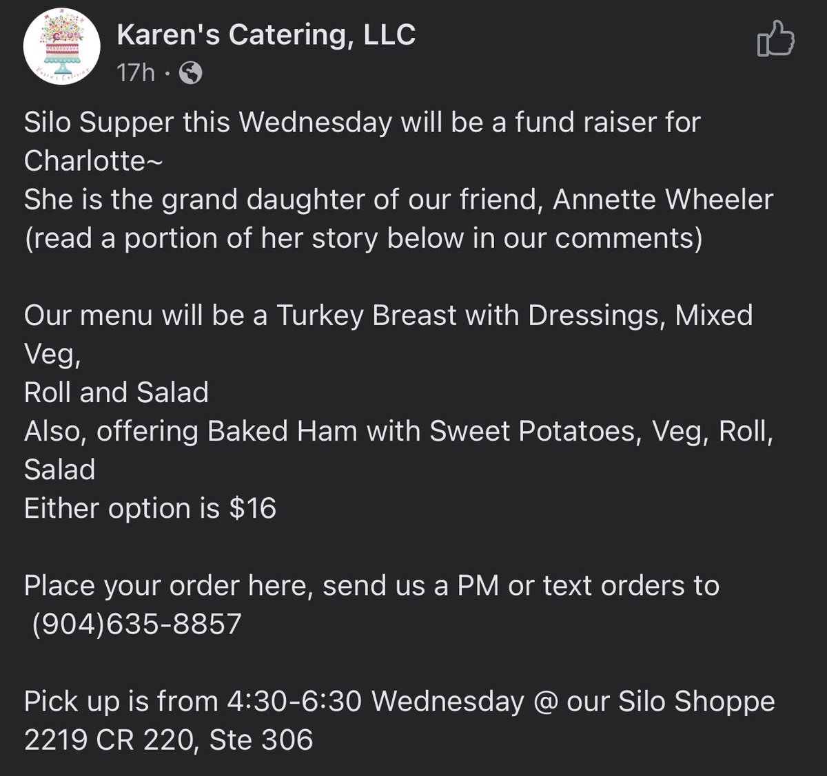 CoachCWheeler's tweet photo. For those of you looking for a dinner idea this Wednesday in the Jacksonville area, check out Karen’s Catering. Thank you for blessing our daughter and her fight! #Pray4Charlotte https://t.co/UZtpw7O0CX https://t.co/G4DWDWuCi4