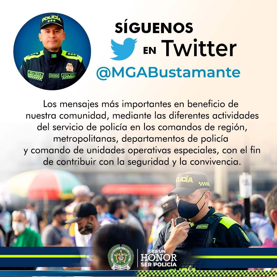 PoliciaColombia's tweet photo. La misión de la Dirección de Seguridad Ciudadana @PoliciaDisec: mantener las condiciones necesarias para el ejercicio de los derechos y libertades públicas a través de la participación ciudadana; lo invitamos a seguir la cuenta de su director @MGABustamante  #EsUnHonorSerPolicía https://t.co/kNlTT7RyAK