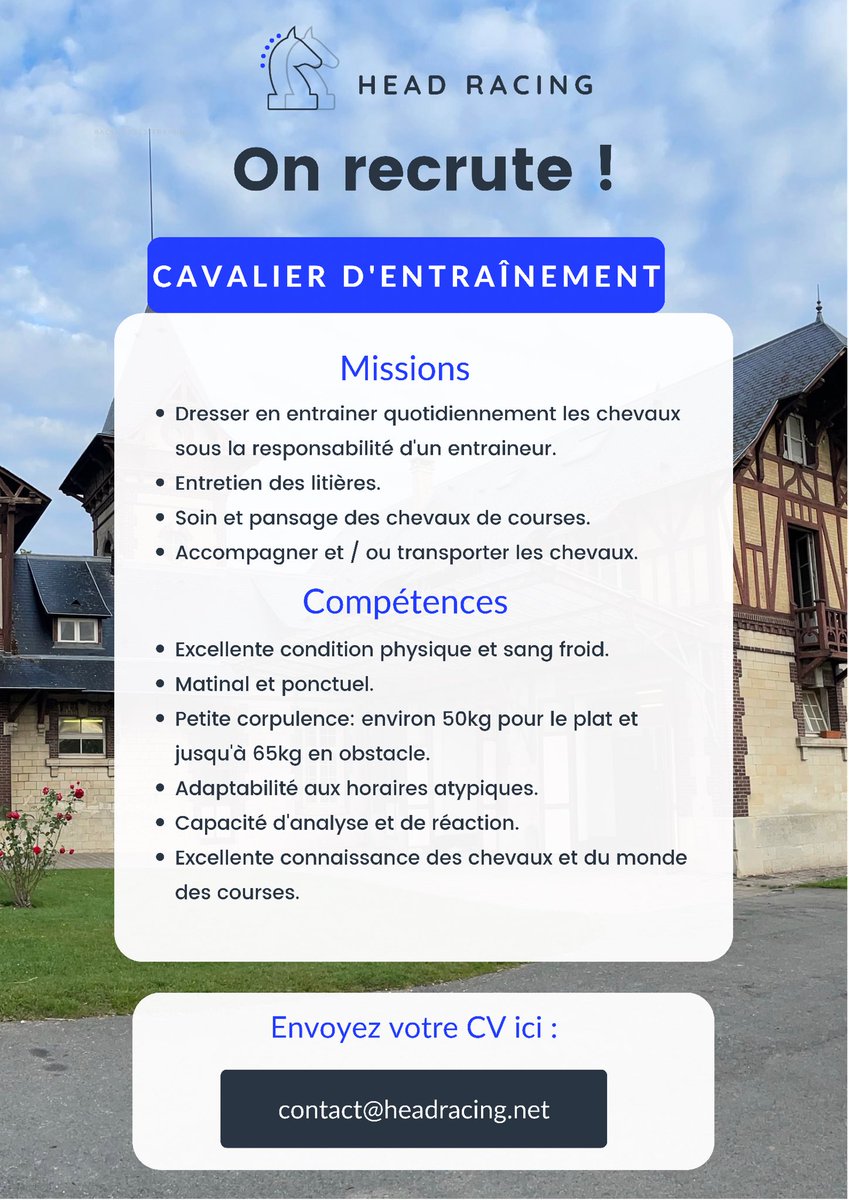HeadRacing1's tweet photo. ๐จ HEAD RACING RECRUTE ๐จ
La team #HeadRacing est ร la recherche dโun.e cavalier.รจre dโentraรฎnement ๐
๐Envoyez vos CV ici ๐
contact@headracing.net
@CHeadRacing https://t.co/mQRXvGreT9