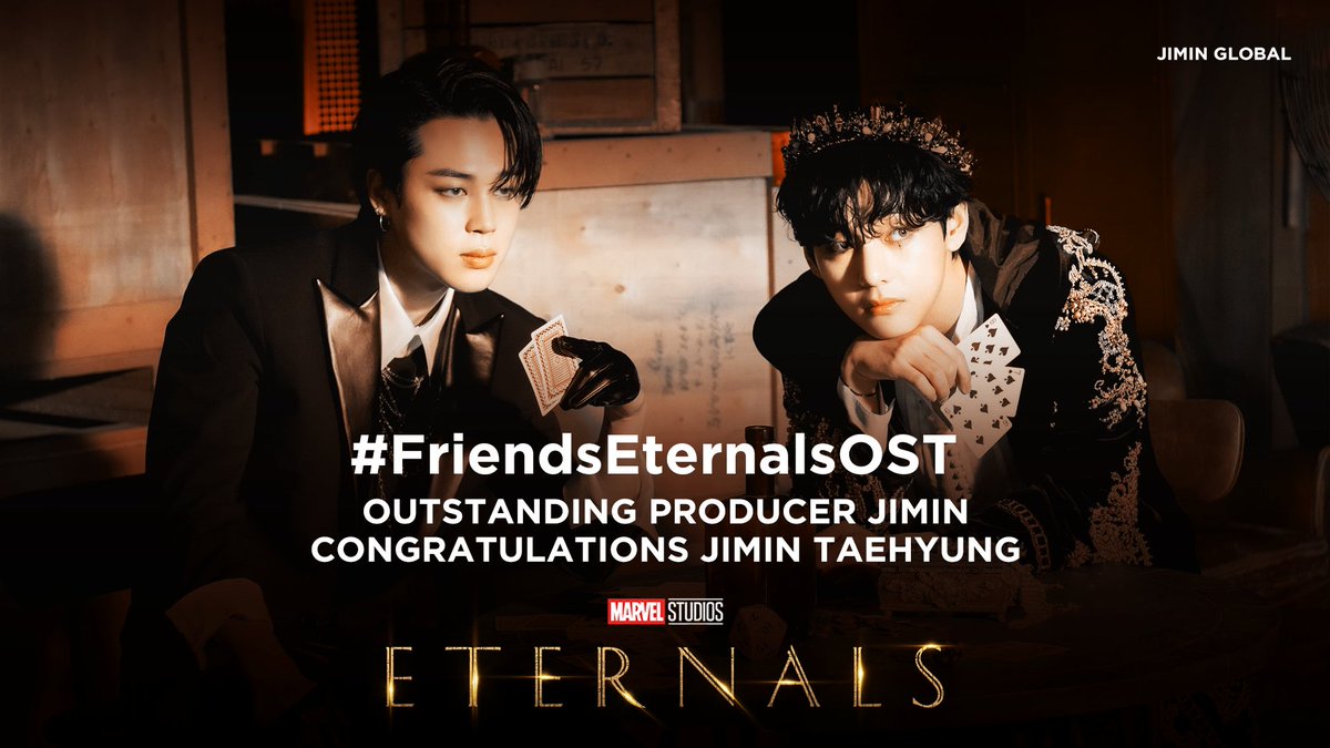 JiminGlobal's tweet photo. #FriendsEternalsOST starts rolling today!

Join us celebrate BTS' "Friends" produced, written, composed by Jimin and performed by Jimin and V for being selected as OST for Marvel's Eternals.

#이터널스에_친구가_오에스티로
OUTSTANDING PRODUCER JIMIN
CONGRATULATIONS JIMIN TAEHYUNG https://t.co/btVK2B5rq0