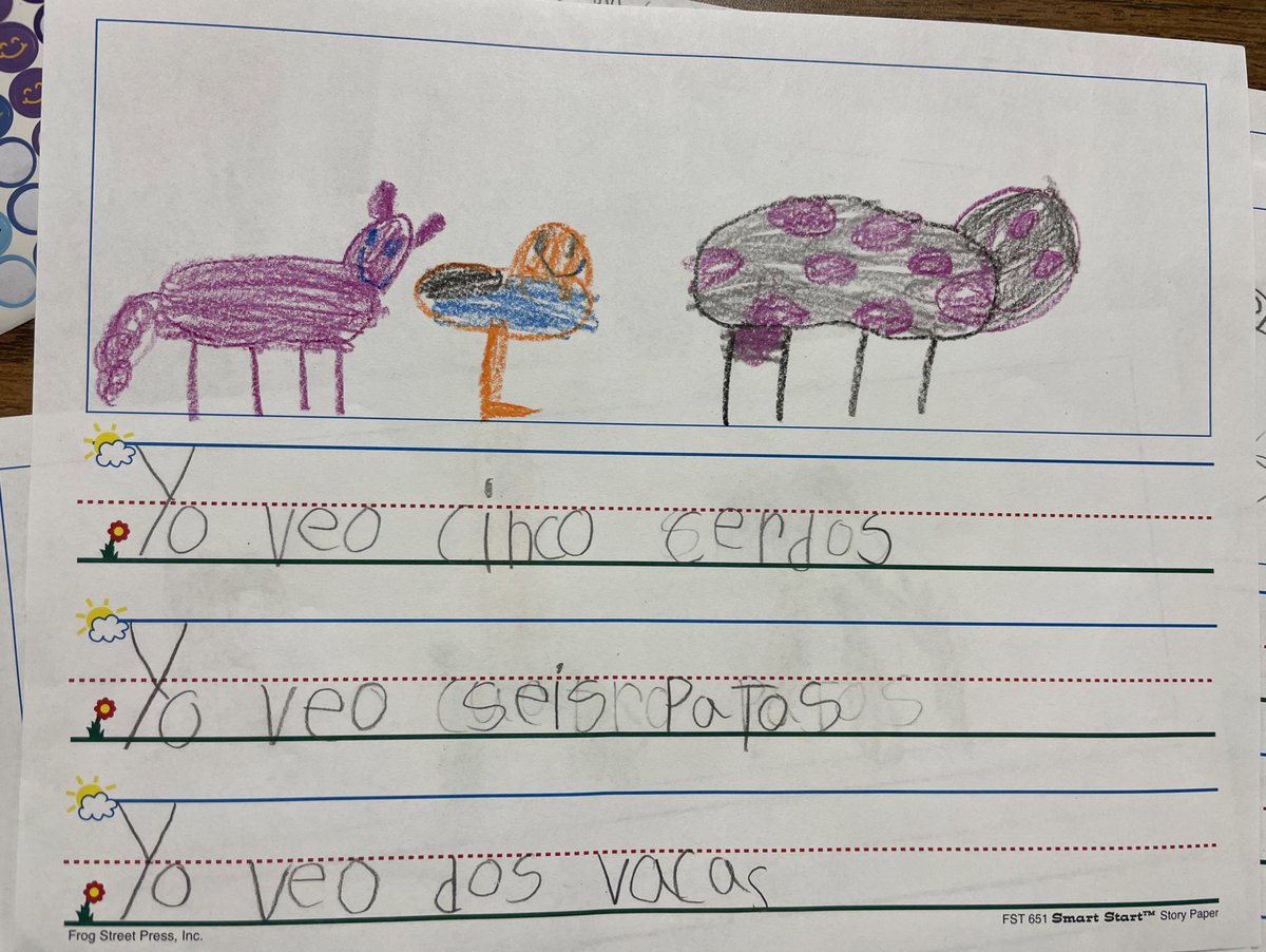 sophieminieri's tweet photo. Today we combined social studies and escritura! Students had to draw the farm animals they knew, and then write sentences about how many they saw! #MsMinierisClass @FerChavarra5 @IreneZamoraSoto @PollyGlotPress @andreitabarbosa https://t.co/XLWxQLo8pA