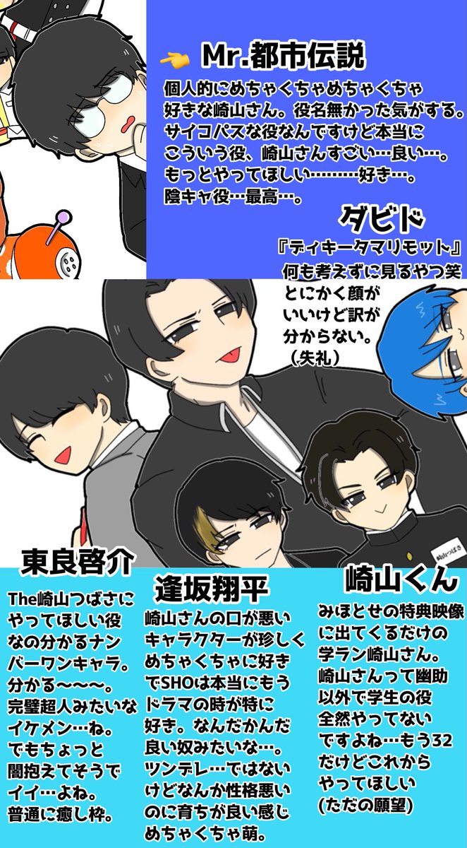 そしてこちらはこの中でも特に私が好きな崎山さんの役、⚠️超絶個人的解釈と説明付きです!! よければ崎山さんの作品を見る際のご参考にしてくださいませ🥳✨  ③/3  崎山さんにとって良き一年になりますように🍀  来年は崎山さんの舞台も…観にいきたい😂😂!しかし推しが増えると大変…😂💸笑