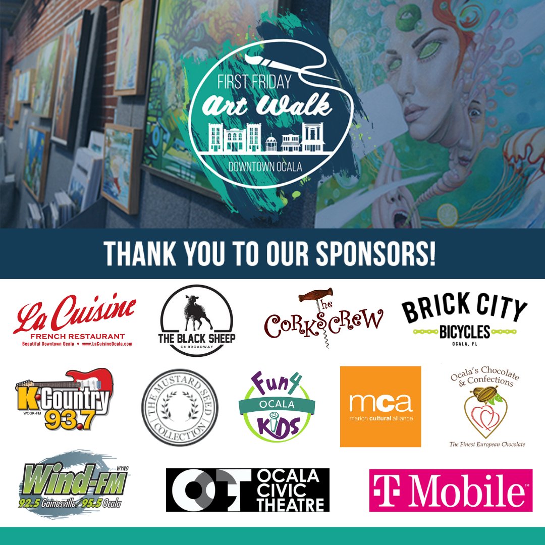 ArtsOcala's tweet photo. See you this Friday at First Friday Art Walk! Here is a special thanks to our First Friday Art Walk sponsors who help make this event possible. 🎨✨ https://t.co/V2rW5LqFec