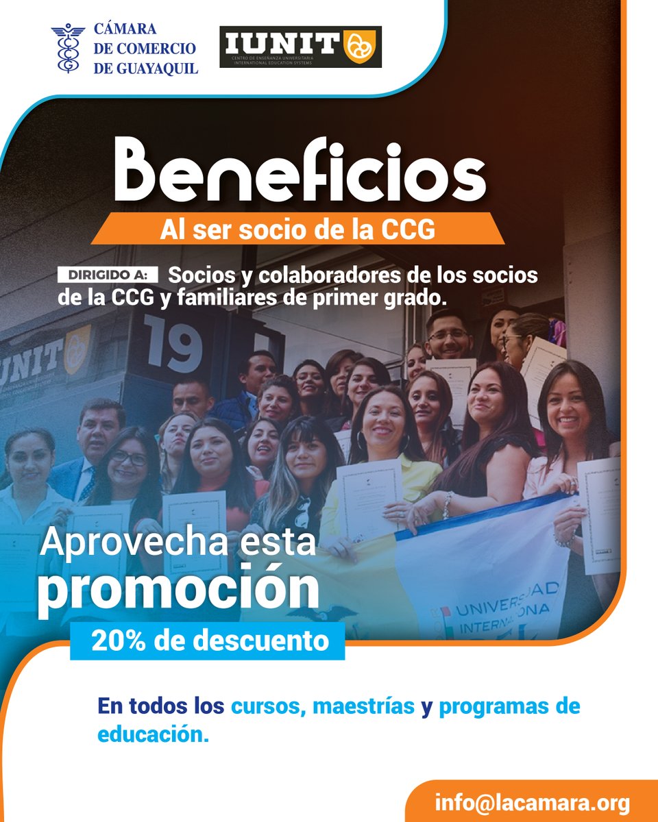 lacamaragye's tweet photo. #BeneficiosCCG | Recuerda que al ser nuestro socio obtienes descuentos en la #IUNIT, en cursos, maestrías y programas de educación.

Escríbenos y solicita más detalles a: ✉️ info@lacamara.org https://t.co/mUmdwDypyF