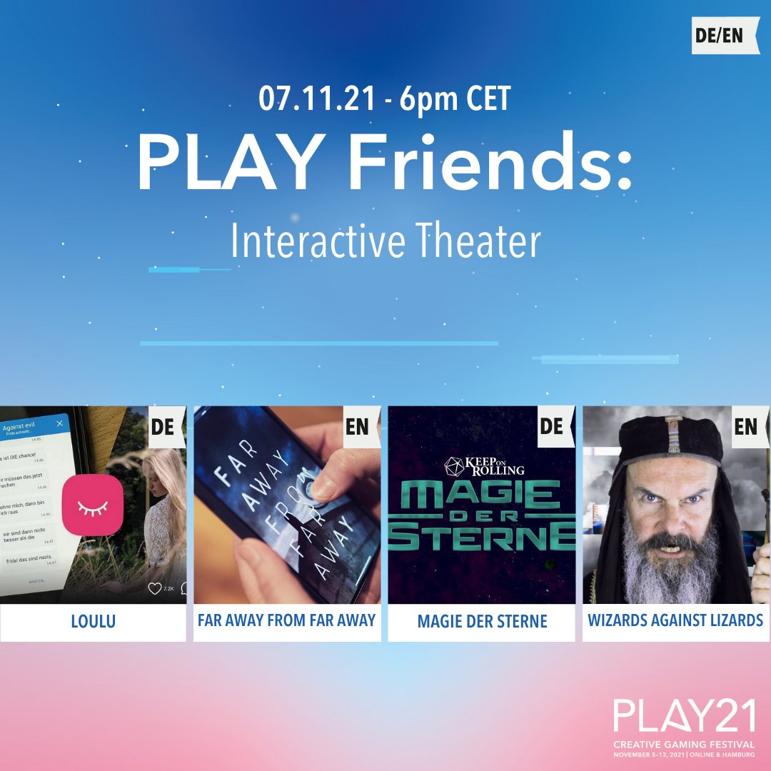 _PLAYfestival's tweet photo. We proudly present #interactive #theater plays.
solo:
DE: Loulu | @online_theater
EN: Far Away From Far Away | @thenfb
multiplayer:
DE: Magie der Sterne | @KoRDnD
EN: Wizards Against Lizards | Cosmic Joke Productions
More info at https://t.co/CYnJJPMapI
#PLAY21 https://t.co/z1v8bxoTAl