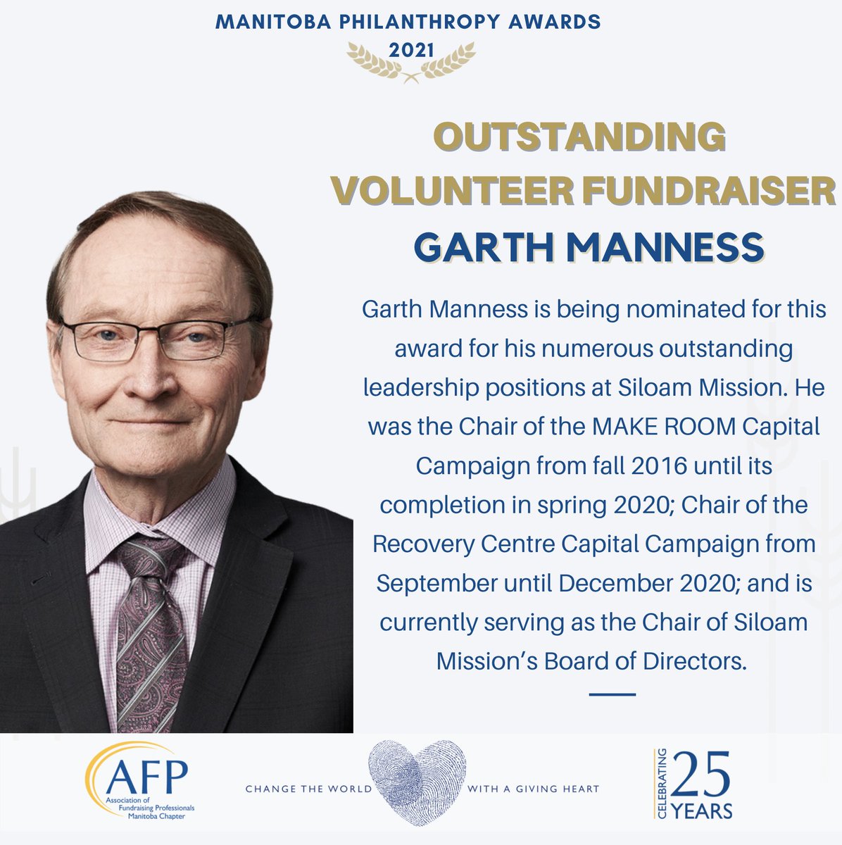 AFPManitoba's tweet photo. Today we're celebrating Garth Manness, 2021 Manitoba Philanthropy Award recipient for Outstanding Volunteer Fundraiser!

Tickets are now on sale for this year’s awards celebration on November 15th! https://t.co/QmCmbjRgeG  
#AFPManitoba25 #NPD2021 #NPDLove https://t.co/EA37TDTnoE