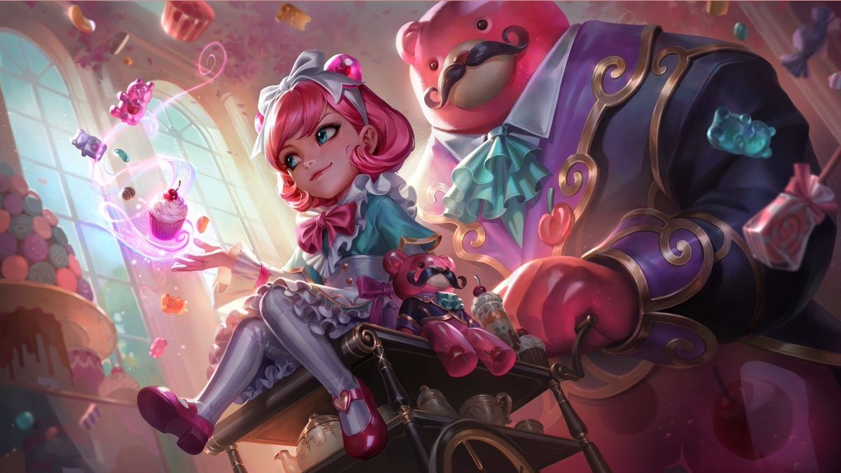 Splash art para* Annie, Soraka, Gwen e Sivir Cafe Cutie. 