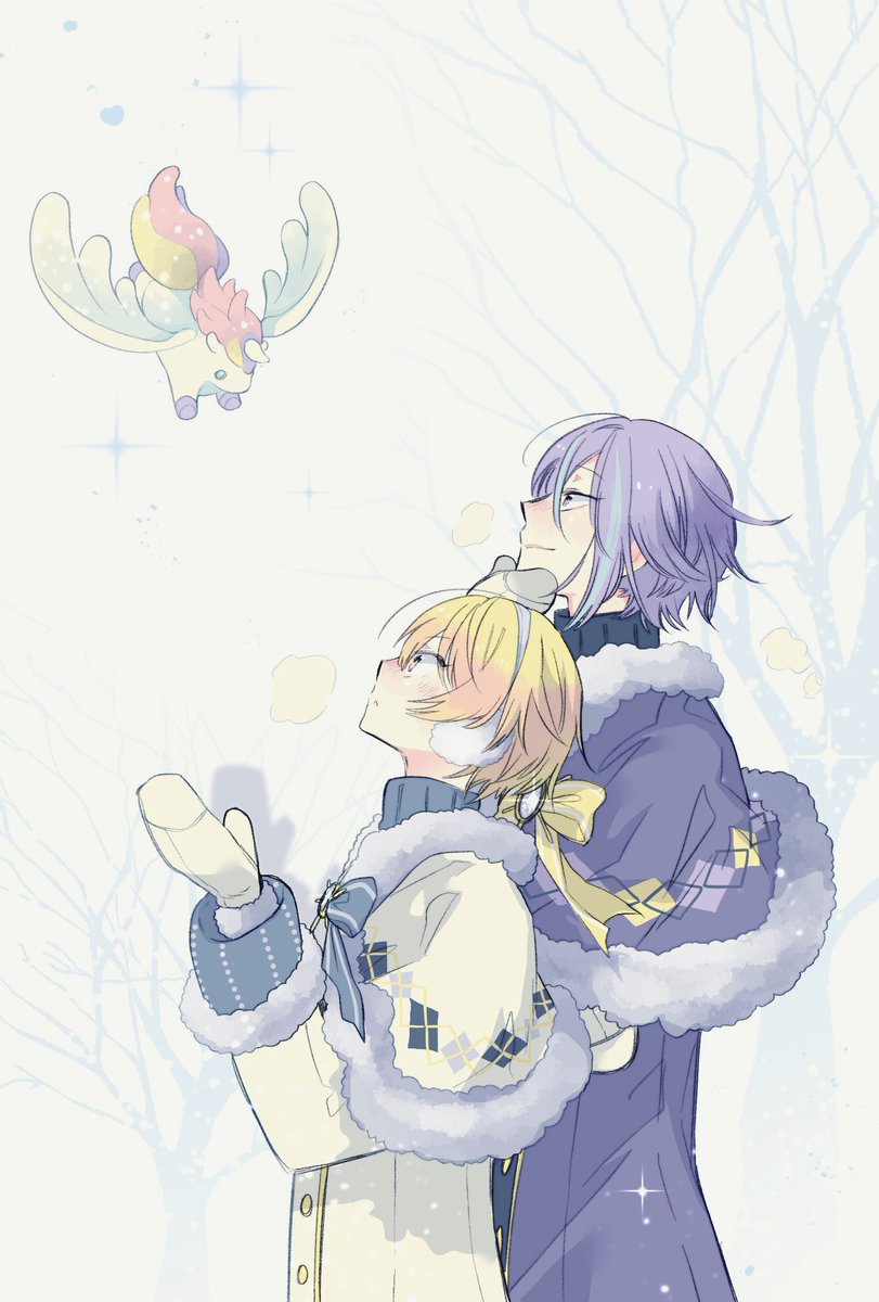 2boys multiple boys male focus blonde hair looking up purple hair mittens  illustration images