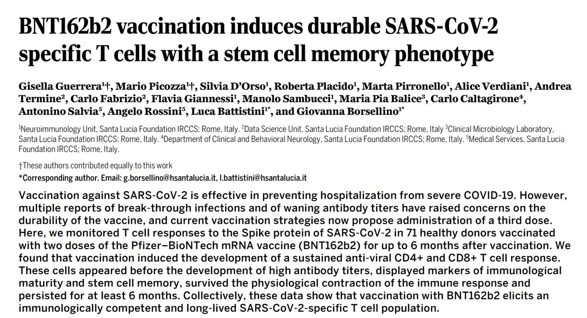 EricTopol's tweet photo. Just out @SciImmunology Good news on the long-lasting T cell response to a mRNA vaccine, with a sizable T stem cell memory population  
https://t.co/a9Xg3co3nb https://t.co/asGBtZLrBr