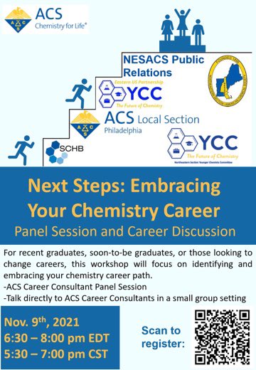 YccNash's tweet photo. Join on Nov 9th 5:30-7 PM CT for Next Steps: Embracing Your Chemistry Career! This will feature 4 ACS Career Consultants from various fields who will discuss their career paths before meeting in breakout rooms.

To register, navigate here: https://t.co/EZKQksOdbM #ycc #nashycc https://t.co/I8wSGjL25v