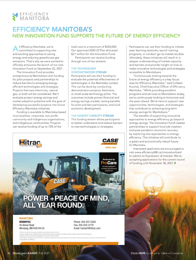 AMMManitoba's tweet photo. Municipal Leader also features an article from @EfficiencyMB regarding the new Innovation Fund and how this funding can help support energy efficiency throughout Municipal manitoba. https://t.co/DUry9yoL0t