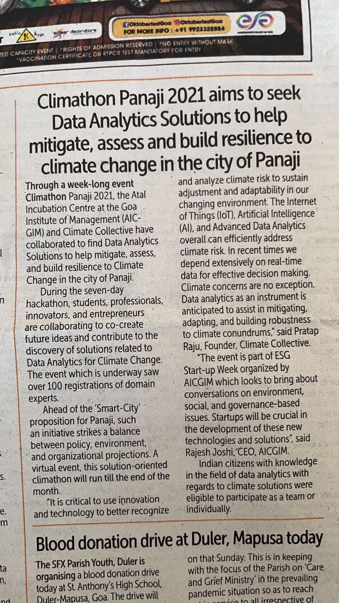 aicgim's tweet photo. We at @aicgim are overwhelmed by the media coverage received for #ESGStartupWeekGoa #ClimathonPanaji. Here are few snippets from different coverages by leading print and digital media.
Access the YourStory Media article- https://t.co/PbHskkD9dT
#BuildingABetterStartupEcosystem https://t.co/5MT7VyaBn8