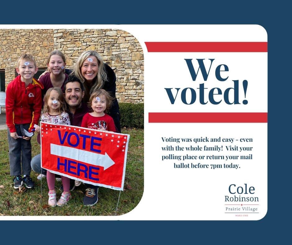 ColeforPV's tweet photo. We have always voted together as a family, but it meant a little more this morning when my own name was on the ballot. Please take a few minutes to cast your #vote today before 7pm. It was quick and easy, even with four kids in tow! https://t.co/flOKgpij5h