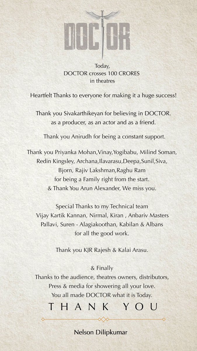 #THANKYOU #Doctor ❤️<a href="/Siva_Kartikeyan/">Sivakarthikeyan</a> <a href="/anirudhofficial/">Anirudh Ravichander</a> <a href="/priyankaamohan/">Priyanka Mohan</a> <a href="/KVijayKartik/">Vijay Kartik Kannan</a> <a href="/Nirmalcuts/">Nirmal@editor</a> <a href="/KiranDrk/">drk.kiran</a> <a href="/Pallavi_offl/">Roaring Kitty</a> <a href="/anbariv/">AnbAriv</a> <a href="/kabilanchelliah/">Sivam C Kabilan</a> <a href="/SKProdOffl/">Sivakarthikeyan Productions</a> <a href="/kjr_studios/">KJR Studios</a> #albans