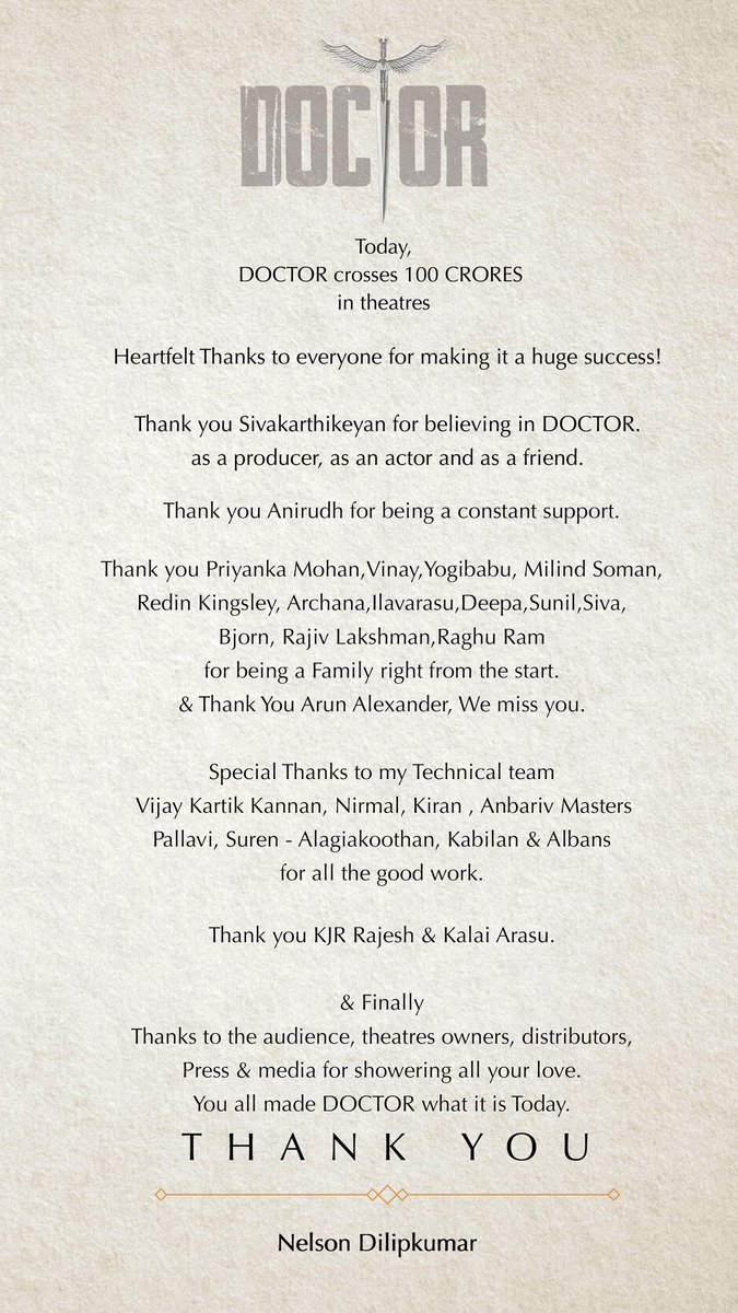 #THANKYOU #Doctor ❤️@Siva_Kartikeyan @anirudhofficial @priyankaamohan @KVijayKartik @Nirmalcuts @KiranDrk @Pallavi_offl @anbariv @kabilanchelliah @SKProdOffl @kjr_studios #albans