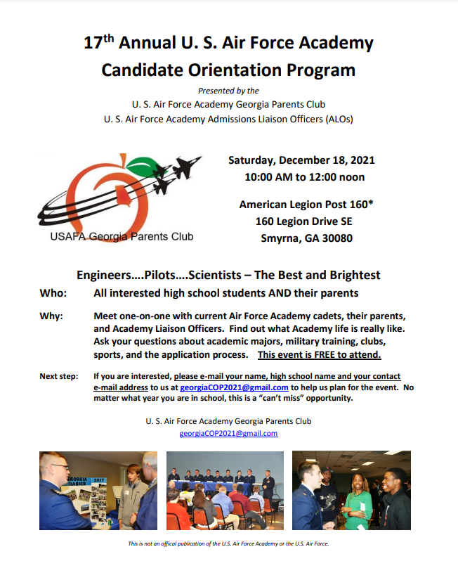 Are you interested in the US Air Force Academy?  On Saturday, Dec. 18, families will have an opportunity to meet with Cadets and Admissions Liaison Officers.  See the attached flyer for details.