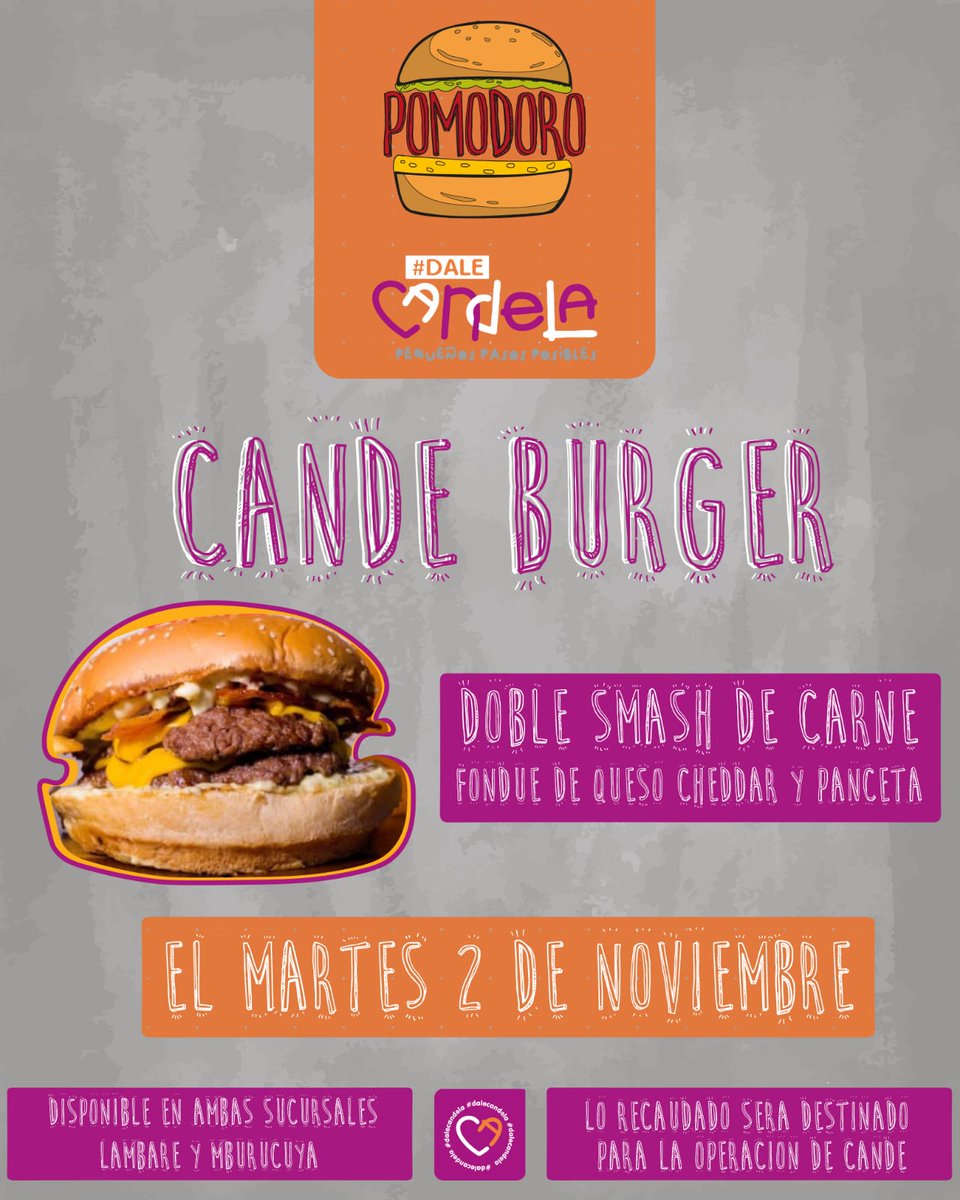 PomodoroPy's tweet photo. ⚠️ES HOY !!!! 
 Pidan su CANDE BURGER🍔🍔 
@Dalecandelapy

 Hamburguesa Con delivery GRATIS si pedís desde la app de 
@PedidosYaPY

#dalecandela 💜🧡 https://t.co/LdxGMSRC1r