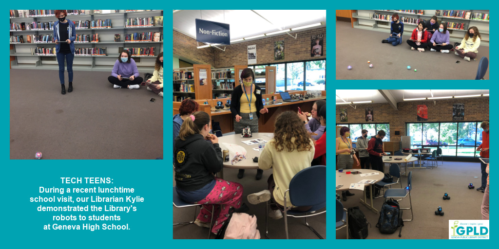 Geneva_Library's tweet image. 𝗧𝗘𝗘𝗡 𝗧𝗘𝗖𝗛 𝗧𝗜𝗠𝗘: Our teen librarian visits the middle and high schools regularly to share Library resources and services, and she recently brought some robots to Geneva High School!

#GenevaIL #librarylife #geneva304