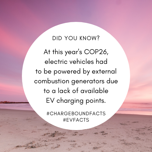 ChargeBound's tweet photo. At this year's #COP26 in #Glasgow, a lack of EV charging points meant that electric⚡️ vehicles had to be powered by external combustion generators. This exposes the need to improve the UK's infrastructure for #greener travel in the future. https://t.co/wv7O6oWkTh