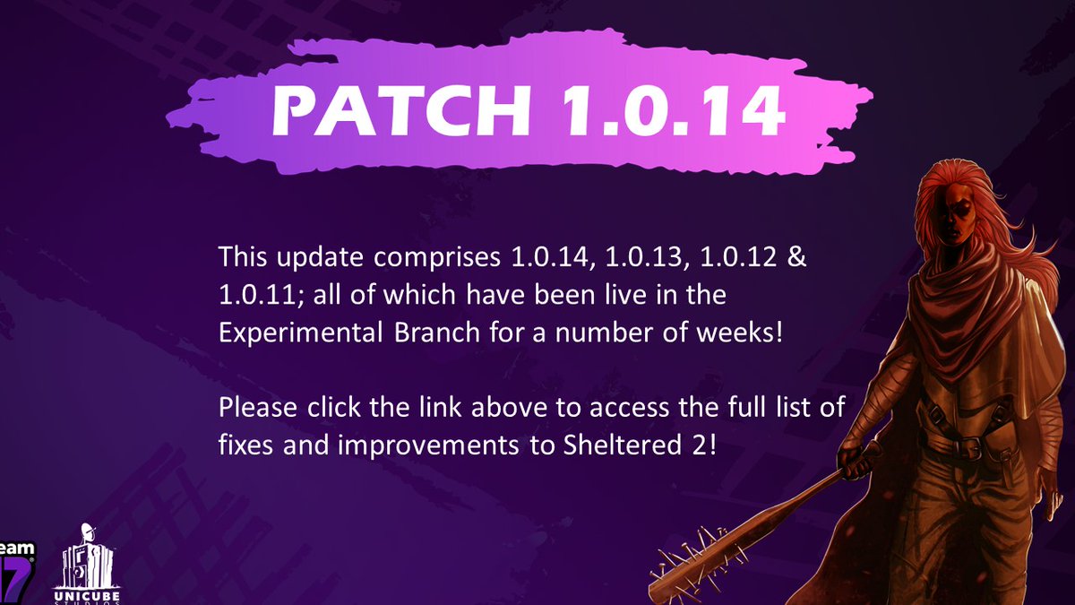 📢 MEGA PATCH

Survivors, we've deployed Patch 1.0.14 for Sheltered 2!

✅ 1.0.14, 1.0.13, 1.0.12, 1.0.11 — all included! 

Full patch notes: bit.ly/Patch114