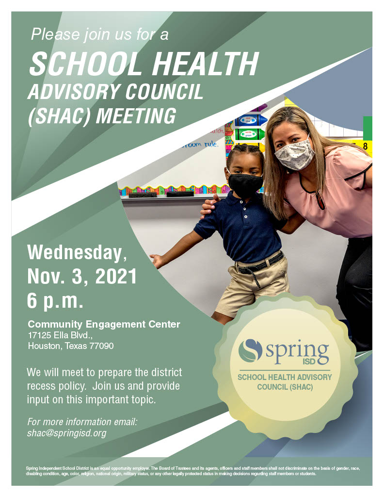 SpringISD_SHAC's tweet photo. @SpringISD Parents!  Tomorrow @SpringISD_SHAC will be hosting a meeting to prepare the district recess policy.  Join us at the Community Engagement Center, 17125 Ella Blvd., Houston, Texas 77090 at 6pm and  provide input on this important topic! https://t.co/8s7A5DwShn