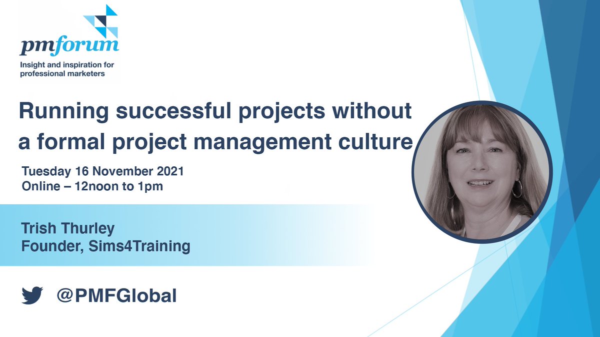 Learn how to run successful projects without a formal project management culture with <a href="/tr1shthef1sh/">Trish Thurley</a> at the next <a href="/PMForumSW/">PM Forum South West</a> webinar on 16 Nov
More information &amp; register at: ow.ly/Z8l650GEpCi
<a href="/PMFGlobal/">PM Forum</a> #projectmanagement