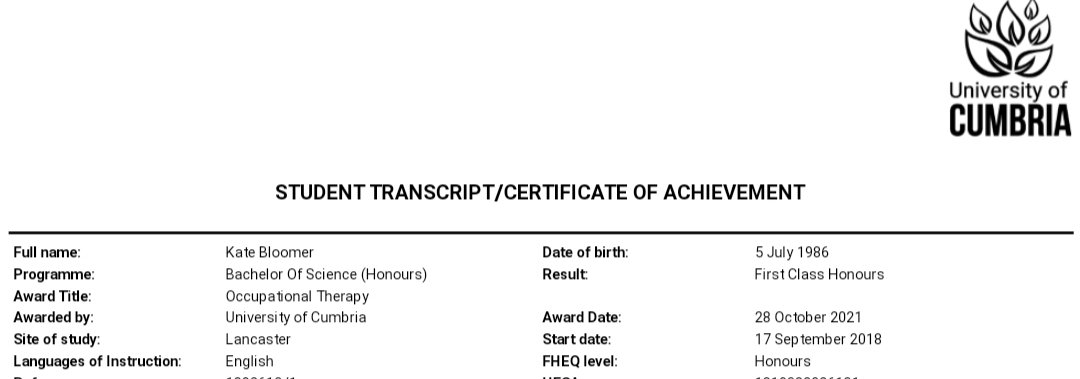 I got my final results from <a href="/CumbriaUni/">University of Cumbria</a> <a href="/OTCumbria/">Occupational Therapy at University of Cumbria</a> today. 
I've only gone and got myself a first!!! 

So so proud of myself! I worked really hard for this and now all the hard work has paid off! 💚💚💚

#OT #Graduate #OccupationalTherapist #FirstClassHonours #UniversityOfCumbria