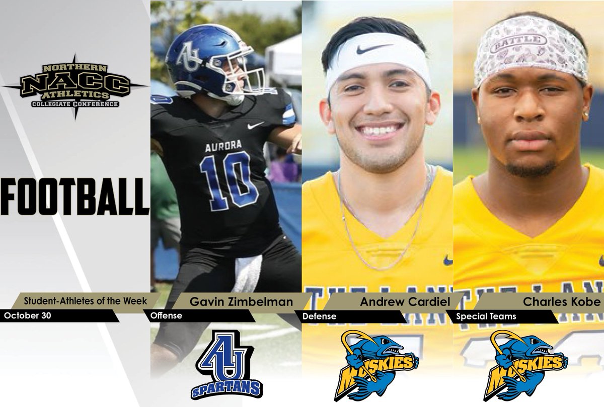 #NACCfb 🏈 | NACC Football Weekly Honors to Aurora's Zimbelman, Lakeland's Cardiel and Kobe

<a href="/AU_Spartans/">AUSpartanSports</a> 
<a href="/LUMuskies/">Lakeland Athletics</a> 

📰 bit.ly/3EuHEyS 

#NACCtion #d3fb #d3football