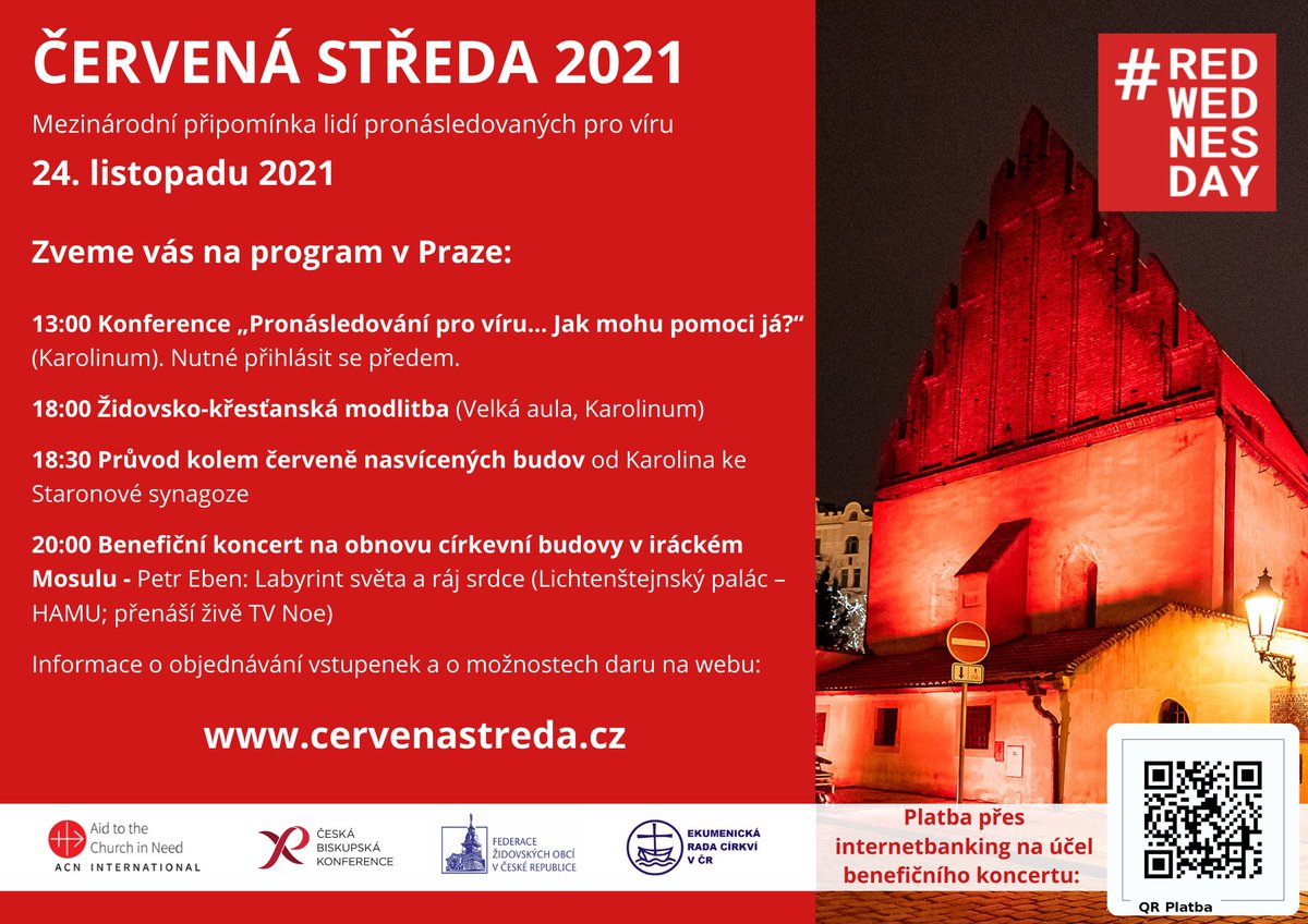 RedWednesdayCZ's tweet photo. Už jen 22 dní do Červené středy! Zapojte si i vy! Akce, setkání, modlitby a bohoslužby se budou i letos konat po celé České republice! Co se 24. listopadu chystá v Praze? Mrkněte na grafiku níže nebo na https://t.co/FbsioZLHTq! #redwednesday #cervenastreda https://t.co/pq0u1GqPr2