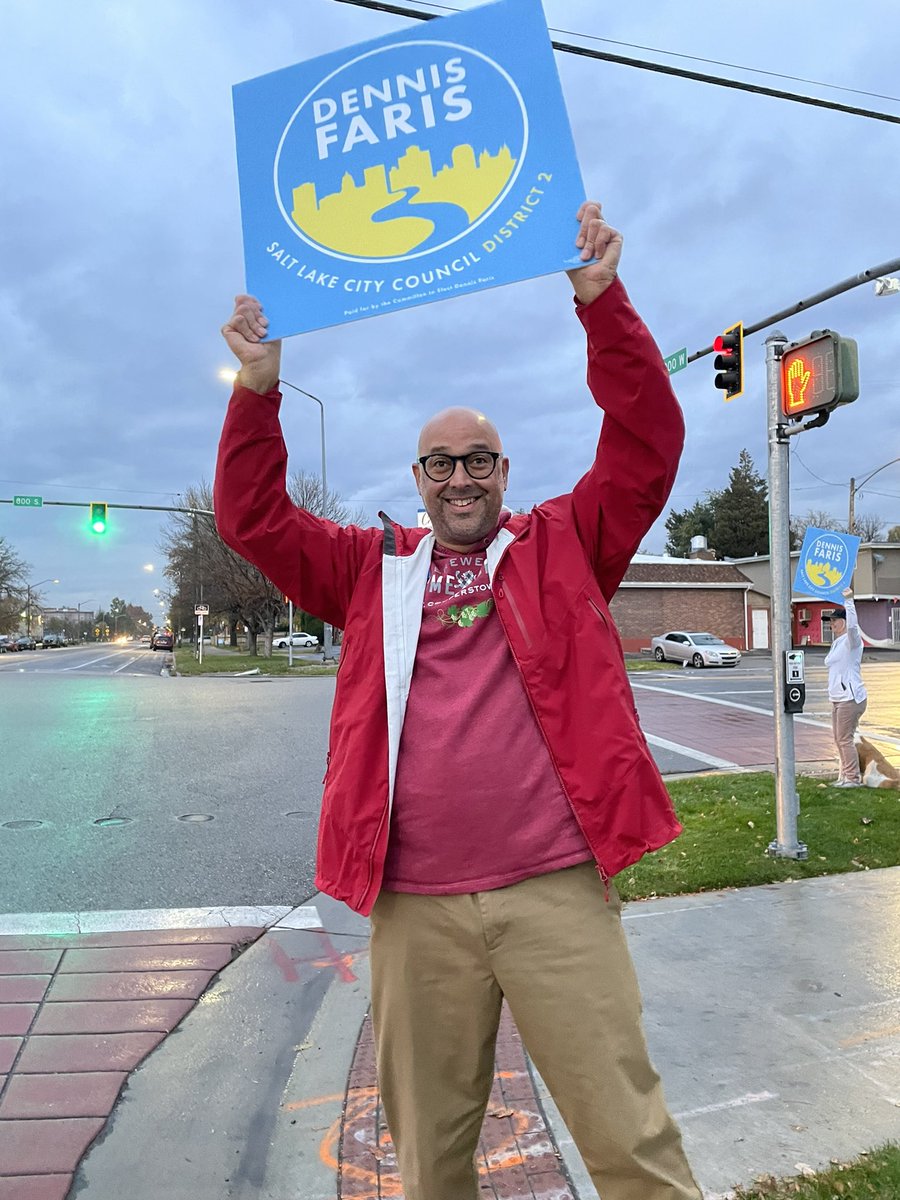 VoteDennisSLC's tweet photo. What a fun way to kick off Election Day! This morning my team visited the corner of 800 South and 900 West for a honk and wave! All those honks really got the team going, we’re ready to start canvassing and making phone calls! https://t.co/d0x1npZOOT