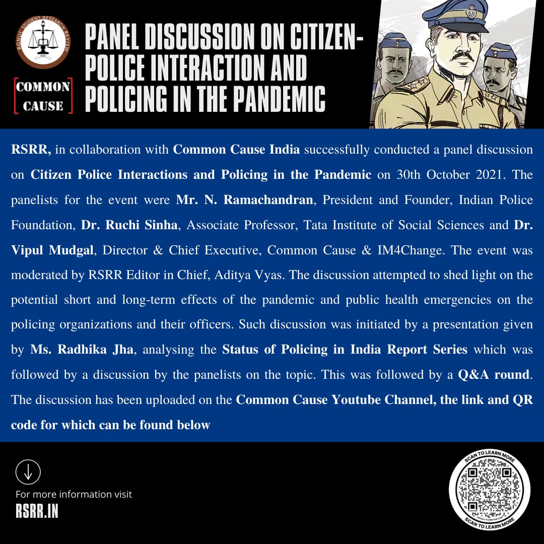 rsrrjournal's tweet photo. The Editorial Board of RGNUL Student Research Review (RSRR) conducted a virtual Panel Discussion on "Citizen-Police Interaction and Policing in the Pandemic" on 30th October 2021.
https://t.co/IC3UgPwHIS
#paneldiscussion #police #law #rsrr #rgnul #journal #commoncause https://t.co/WqbnTcpHmM