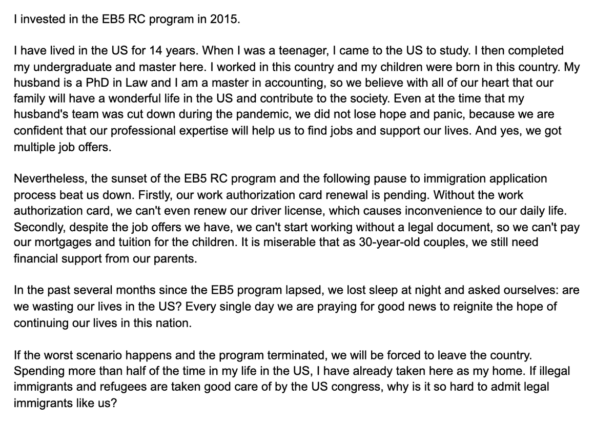 eb5_stories's tweet photo. "We didn't lose hope and panic, because we are confident that our professional expertise will help us to find jobs and support our lives. And yes, we got multiple job offers...We can't start working without legal document and we can't pay our mortgages and tuition for children." https://t.co/q6CZe1NhZh