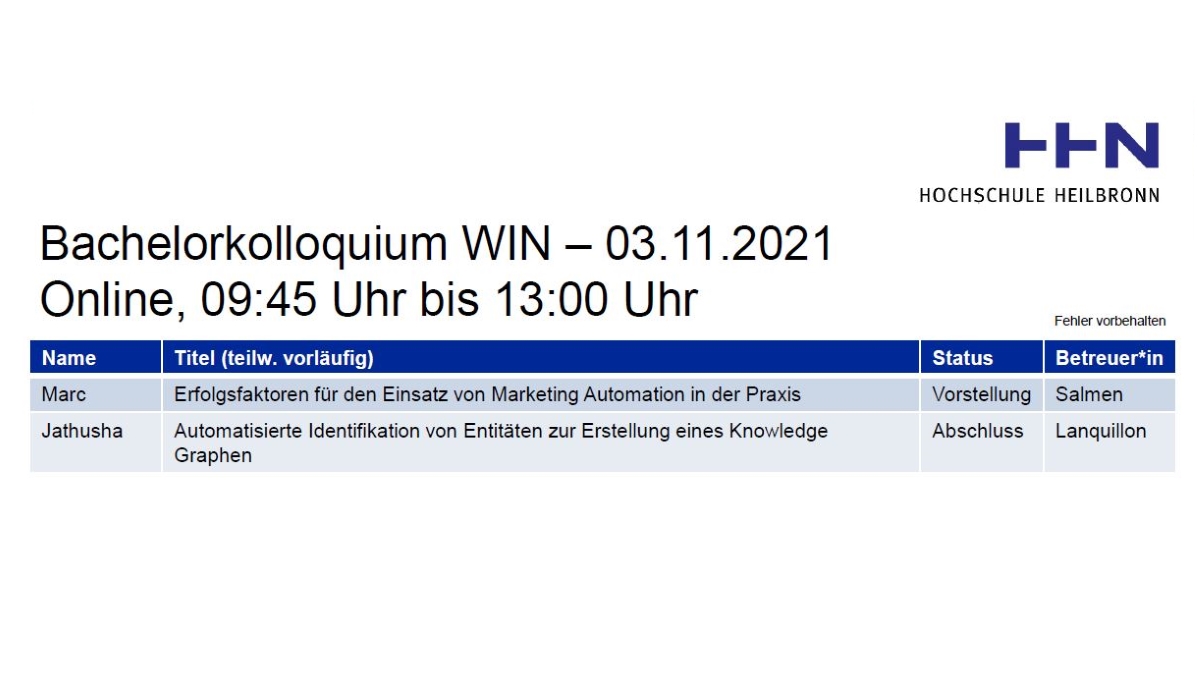 hhn_win's tweet image. Nach dem gestrigen Feiertag starten wir im morgigen #Bachelorkolloquium wieder durch. Auch wenn es ein überschaubares Programm ist, sind es sehr unterschiedliche Themen, die unsere Studierenden in Abschlussarbeiten erforschen: Von #MarketingAutomation hin zu #KnowledgeGraphen