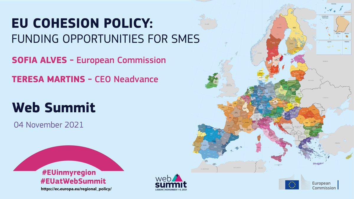 EUinmyRegion's tweet photo. Would you like to know more on #CohesionPolicy opportunities for SMEs?
Join our masterclass this Thursday 4 November at the #WebSummit with:
🔹Sofia Alves - Director at @EU_Commission
🔹Teresa Martins - CEO @NeadvanceAi
@FEEICOMPETE2020 @ADeCoesao #NextGenEU #EUatWebSummit https://t.co/rmf2SIG0WF
