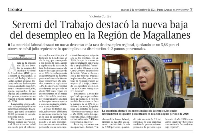 🗞️#BuenasNoticias 🙌 En su edición de hoy, <a href="/pinguinodiario/">Pingüino Multimedia</a> destaca nuevo retroceso en el desempleo regional, de acuerdo a los últimos datos de <a href="/INE_Chile/">INE Chile</a> que fue valorado por la Seremi <a href="/VSchiattino/">Victoria Cortes Schiattino</a> recalcando, además, el aumento en la empleabilidad femenina 💪