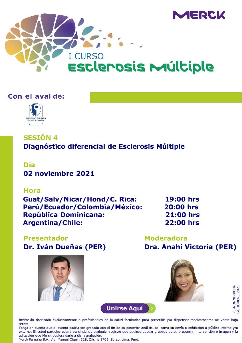 𝐈 𝐂𝐔𝐑𝐒𝐎 𝐃𝐄 𝐄𝐒𝐂𝐋𝐄𝐑𝐎𝐒𝐈𝐒 𝐌Ú𝐋𝐓𝐈𝐏𝐋𝐄
Cuarta Sesión
02 de noviembre a las 8:00pm (Perú)
INGRESO LIBRE PARA MÉDICOS👨‍⚕️👩‍⚕️
🔹𝐑𝐄𝐒𝐎𝐋𝐔𝐂𝐈𝐎́𝐍 𝐃𝐄𝐋 𝐒𝐈𝐒𝐓𝐂𝐄𝐑𝐄 𝐍º 𝟎𝟒𝟔𝟑-𝟐𝟏-𝐒𝐈𝐒𝐓𝐂𝐄𝐑𝐄/𝐂𝐌𝐏🔹
REGISTRO:
🔗primercursodeesclerosismultiple.com