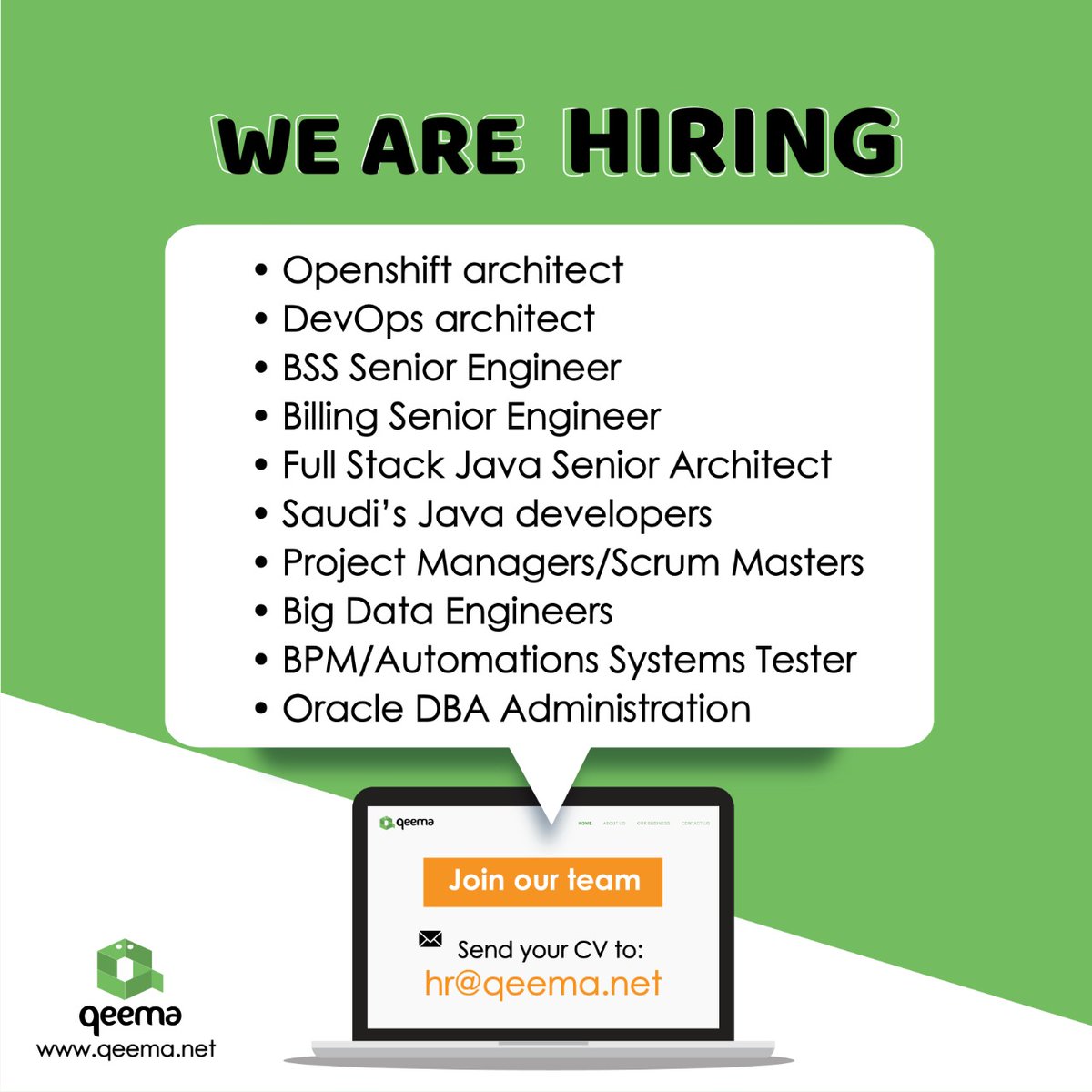 Qeema_1's tweet photo. #Qeema #Egypt #KSA #Architect #DBA #Oracle #Automation #PM #Scrummasters #Saudi #Tester #Javadeveloper #Billing #Bigdataengineer #Fullstackdeveloper #BSS #Engineer #DevOps #Opensh #IT #jobs #Proffesional #Hiring https://t.co/p7PSaEzCFs