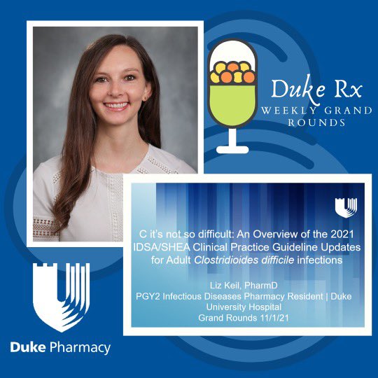Dr. Liz Keil (PGY2 Infectious Diseases resident) discussed updates in the treatment of C diff yesterday for our weekly #MondayGrandRounds! C!! It wasn’t diff-icult! DukeRx #dukerxresidency 🦠