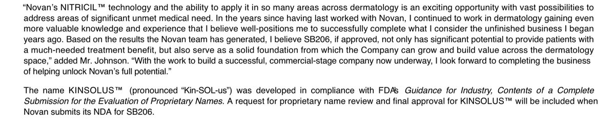 InCausaPro's tweet photo. $NOVN
Novan appoints Brian M. Johnson as Chief Commercial Officer and receives conditional FDA acceptance of proposed brand name KINSOLUS (TM) for SB206 in Molluscum Contagiosum.
Source: https://t.co/lmdBHPUgrq
#NITRICIL #NitricOxide #BerdazimerSodium #KINSOLUS #Biotech https://t.co/QfA2O9yN29