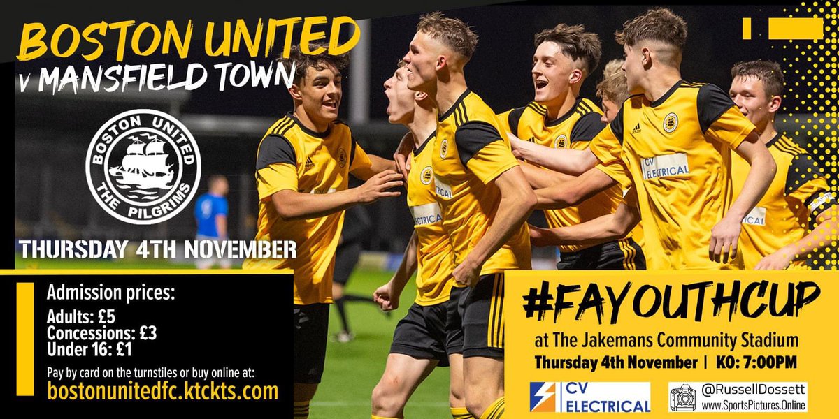 The first team don’t have a game at The Jakemans Community Stadium until 20th Nov but get your football fix by supporting our U18 youth team in the #FAYouthCup on Thursday evening v <a href="/mansfieldtownfc/">Mansfield Town FC</a> 7pm KO

Purchase your tickets online bostonunitedfc.ktckts.com/event/bos2122y… or pay on the night.