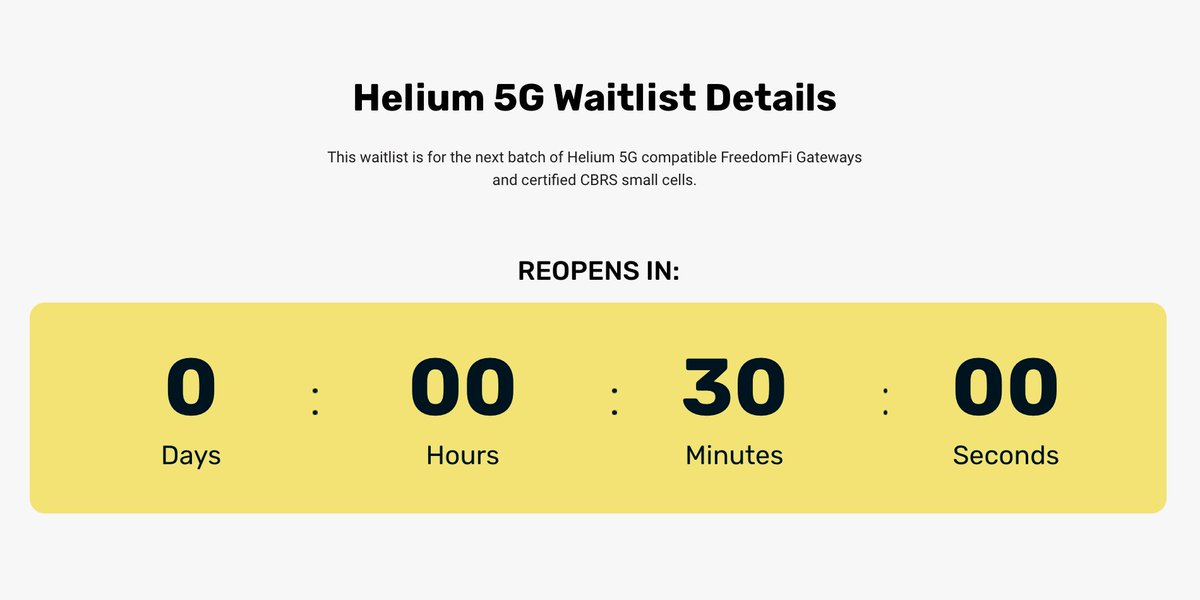 helium's tweet photo. The @Helium 5G waitlist reopens shortly ⏳. Want to provide 5G coverage but haven't joined yet? 

Take your marks 🏁: https://t.co/f5Xfr1u0pL. https://t.co/6HdC8poGqb