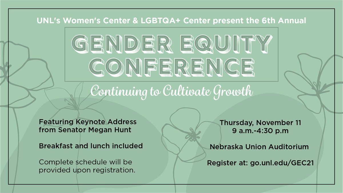 Join <a href="/UNLWomensCenter/">UNL Women's Center</a> and <a href="/LGBTQARC/">UNL LGBTQA+ Center</a> for the 6th annual Gender Equity Conference on Nov. 11, featuring multiple speakers presenting on a wide variety of topics, including a keynote address from <a href="/NebraskaMegan/">Senator Megan Hunt</a>.

Registration deadline is tomorrow. 
👇

go.unl.edu/gec21